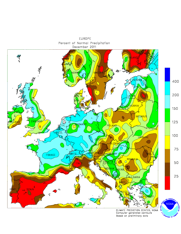 L'andamento pluviometrico in Europa nel Dicembre 2011