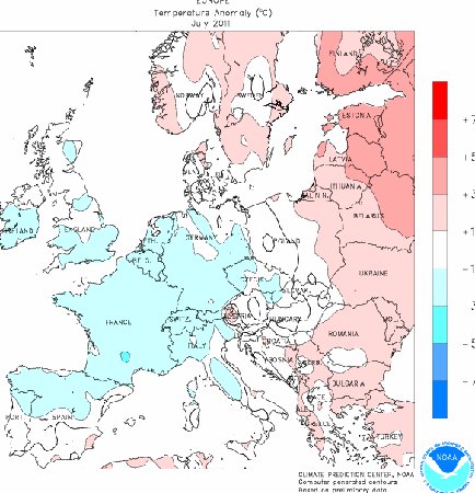 Le anomalie termiche del mese di Luglio 2011 in Europa (NOAA)