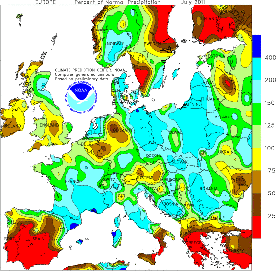 Le anomalie pluviometriche del mese di Luglio 2011 in Europa (NOAA)