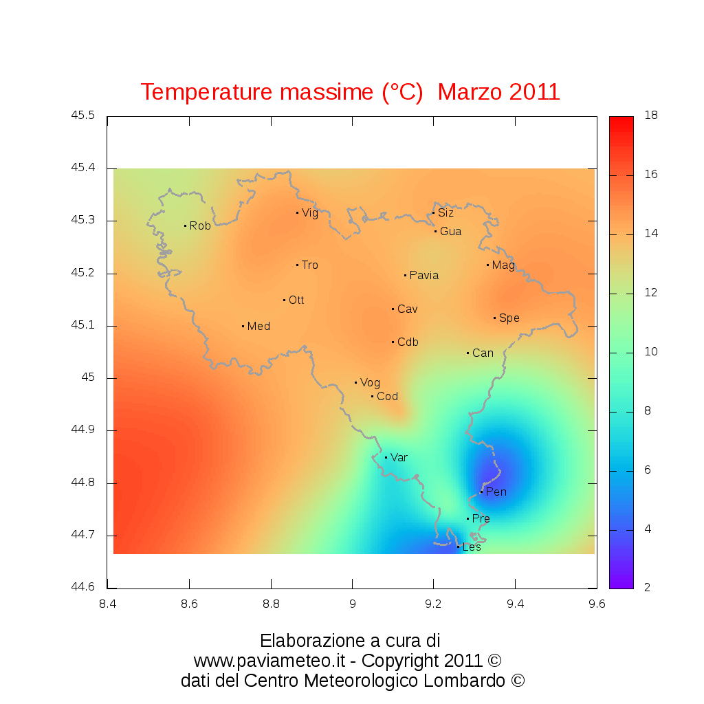 Le temperature massime mensili in provincia di Pavia durante Marzo 2011