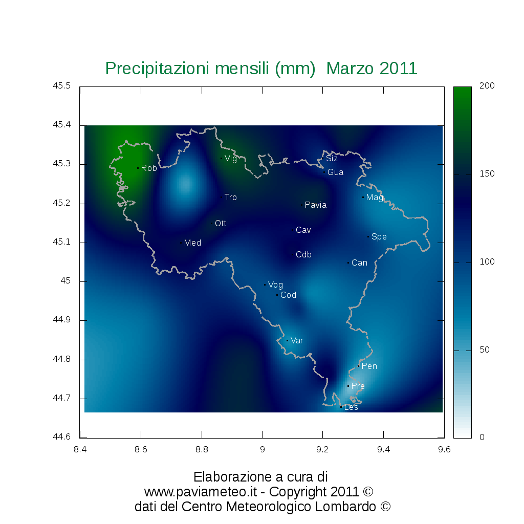 Le precipitazioni totali in provincia di Pavia durante Marzo 2011