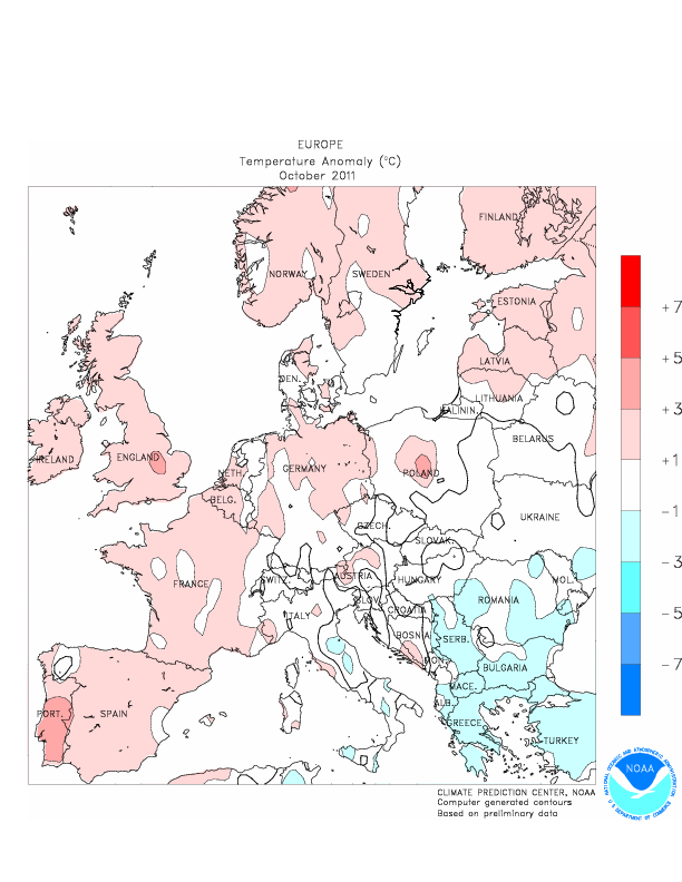 NOAA: le anomalie termiche dell'Ottobre 2011 in Europa