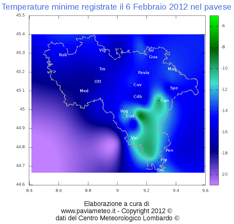 Le temperature minime in provincia di Pavia registrate durante la mattinata del 6 Febbraio 2012