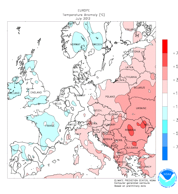 Scarti termici del mese di Luglio 2012 in Europa, tramite l'elaborazione NOAA