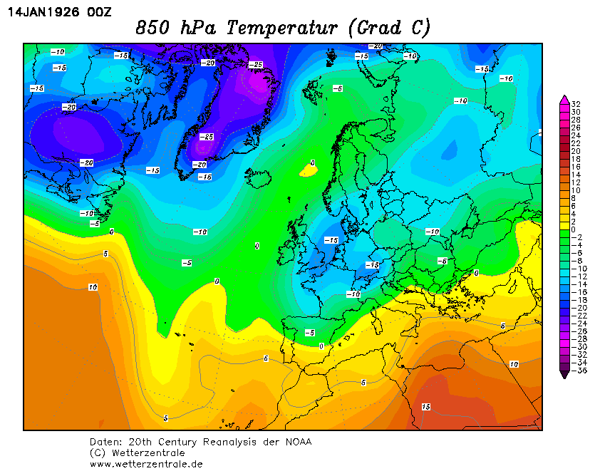 La situazione termica ad 850hpa del 14 Gennaio 1926 sull'Europa