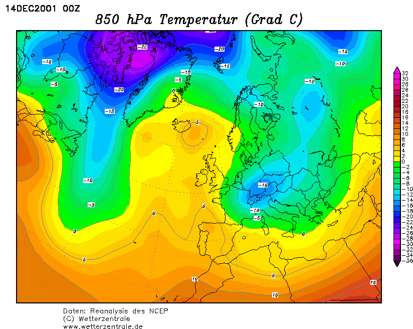 La situazione termica ad 850hPa in Europa il 13 Dicembre 2001