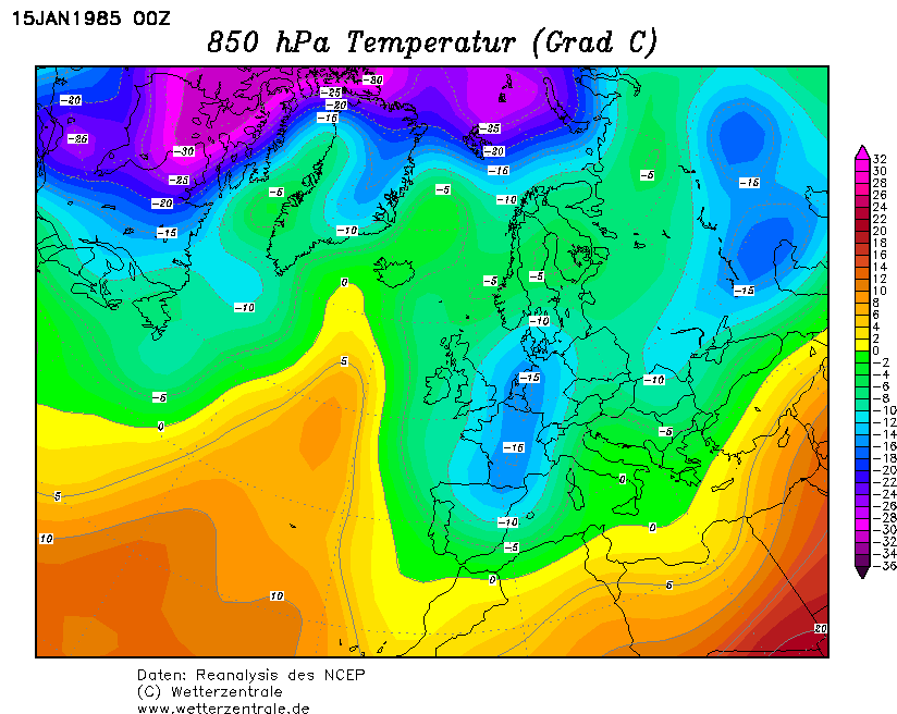 La situazione termica ad 850hPa in Europa il 15 Gennaio 1985