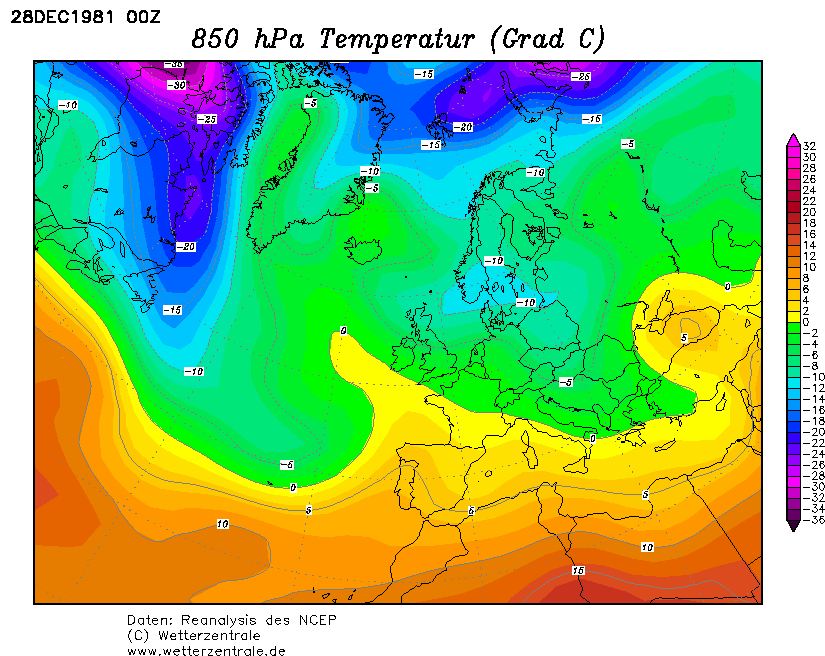 La situazione termica ad 850hPa in Europa il 29 Dicembre 1981