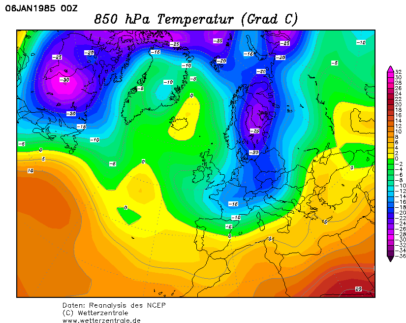 La situazione termica ad 850hPa in Europa il 6 Gennaio 1985