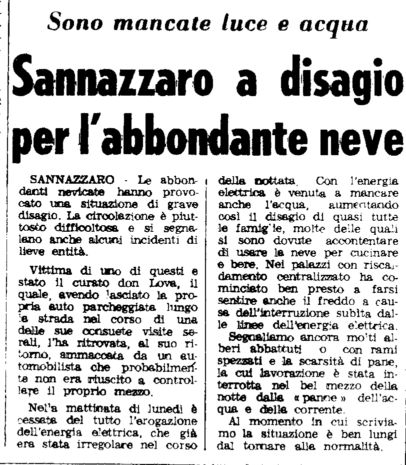 La nevicata del 30 Dicembre 1970 riguardante Sannazzaro, ripresa da un articolo de 