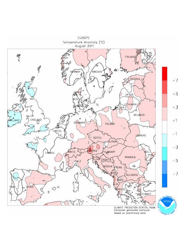 Le anomalie di temperatura in Europa durante l'Agosto 2011