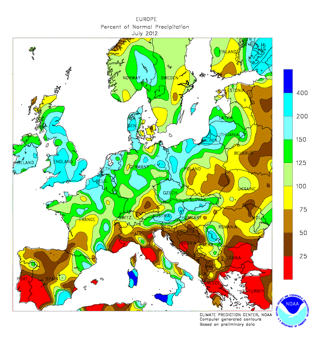 Scarti pluviometrici del Luglio 2012 in Europa, tramite l'elaborazione della NOAA