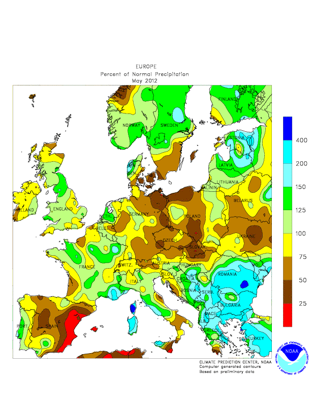 L'andamento pluviometrico in Europa nel Maggio 2012