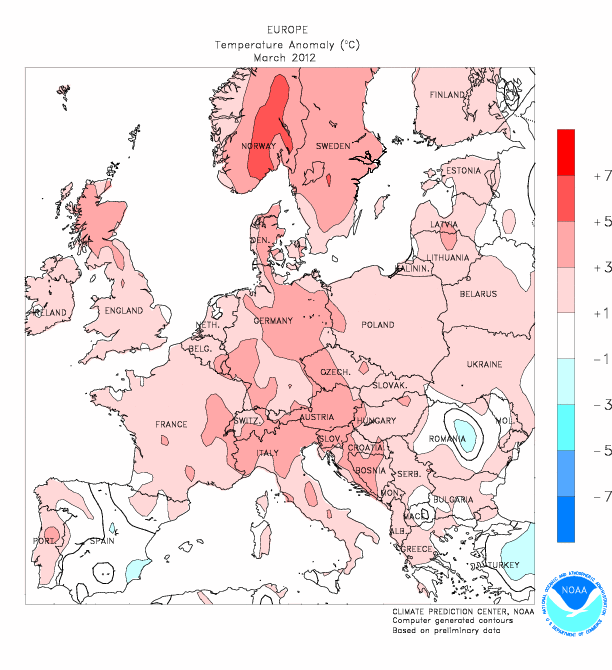 Le anomalie termiche in Europa durante Marzo 2012