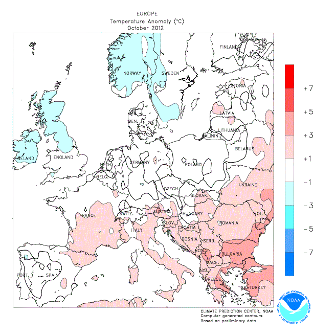 Le deviazioni termiche dalla media in Europa durante Ottobre 2012