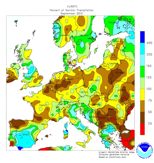Le anomalie pluviometriche in Europa durante Settembre 2012