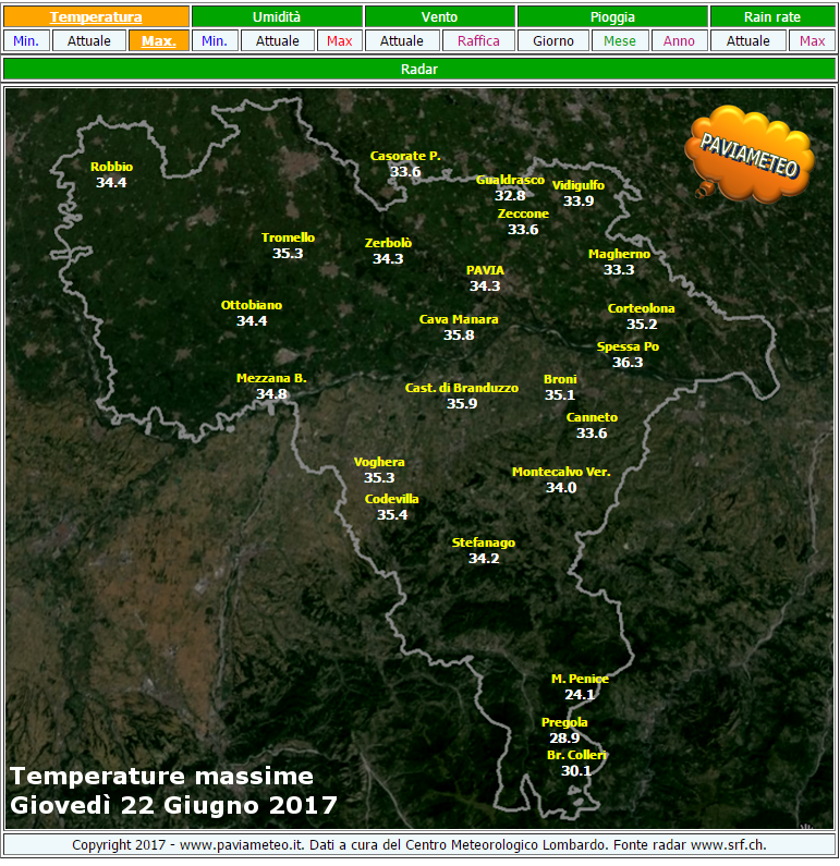 Le temperature massime di Giovedì 22 Giugno 2017 in provincia di Pavia