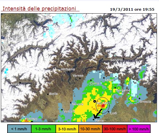 Lo scatto radar delle 19.55: il temporale sta per scendere in direzione Pavia!