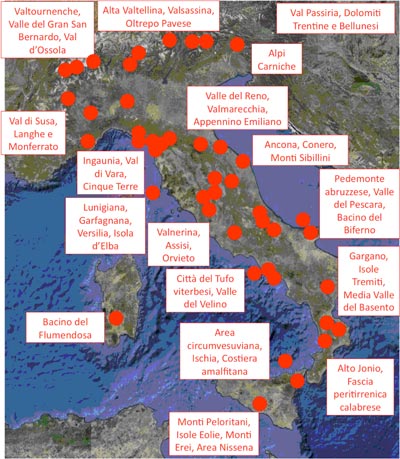 Le principali aree a rischio di dissesto idrogeologico sull'Italia