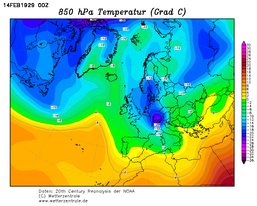 La situazione termica ad 850hpa del 14 Febbraio 1929 sull'Europa