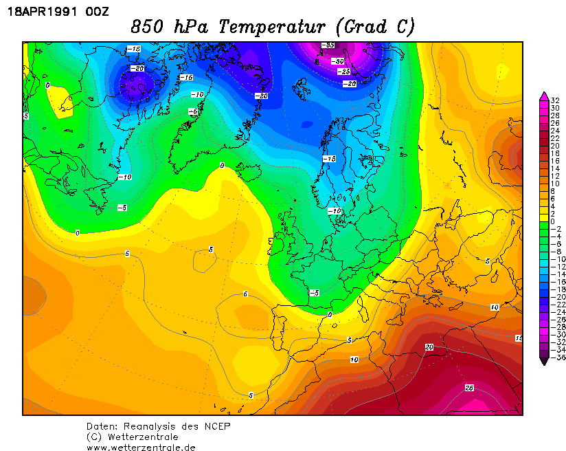 La situazione termica ad 850hPa in Europa il 17 Aprile 1991
