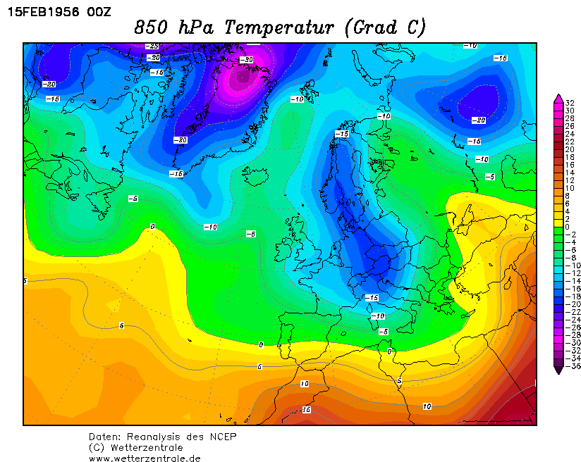 La situazione termica ad 850hPa in Europa il 15 Febbraio 1956