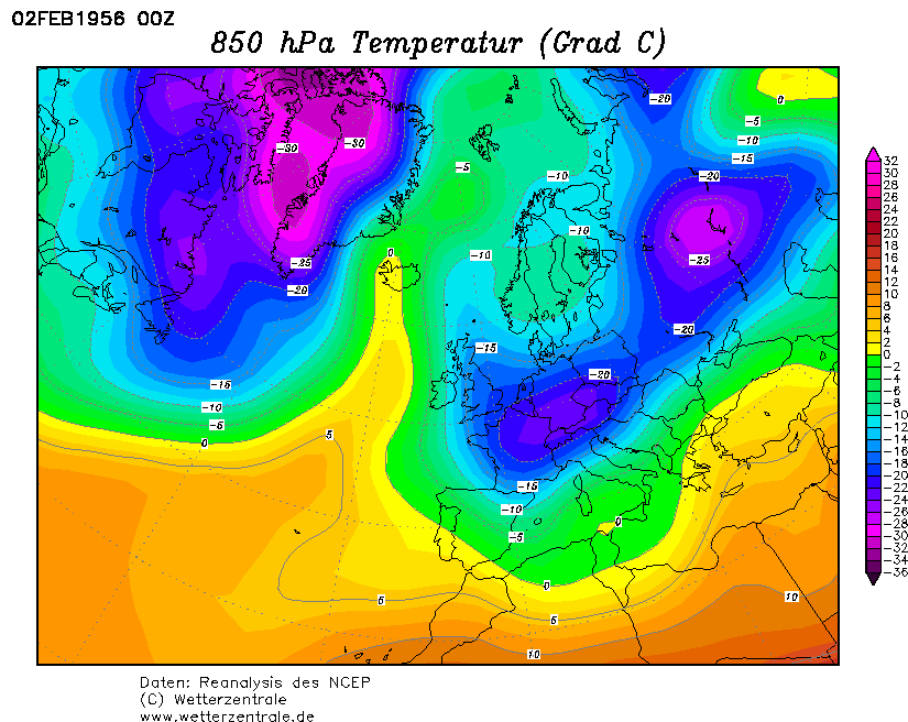 La situazione termica ad 850hPa in Europa il 2 Febbraio 1956