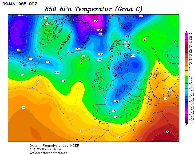 La situazione termica ad 850hPa in Europa il 9 Gennaio 1985