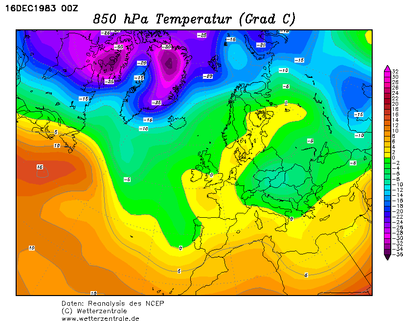 La situazione termica ad 850hPa in Europa il 16 Dicembre 1983
