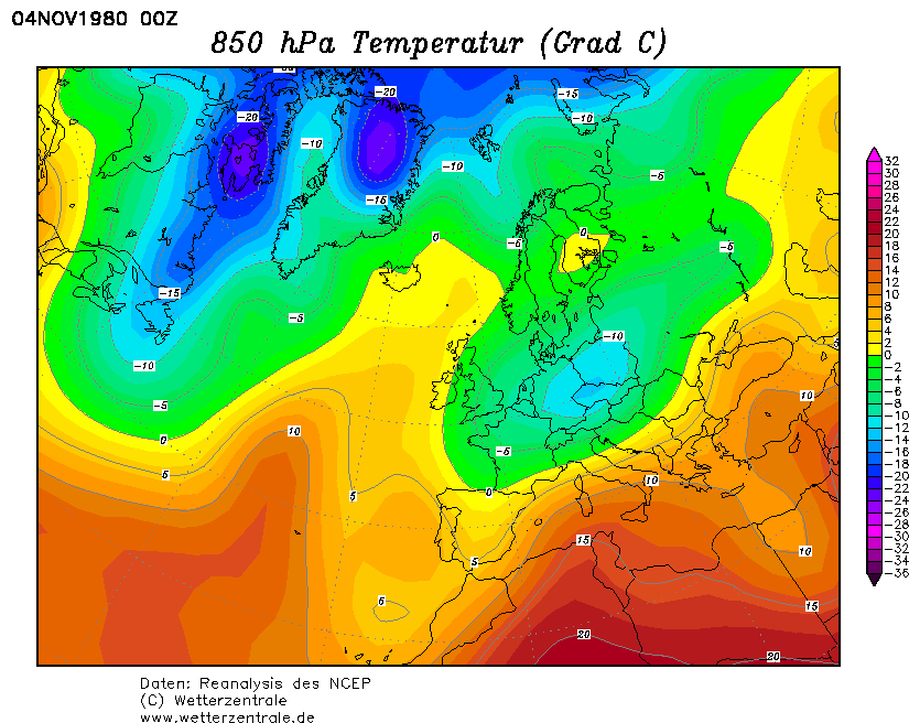 La situazione termica ad 850hPa in Europa il 4 Novembre 1980