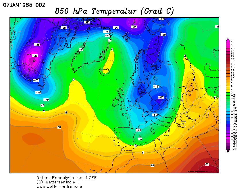 La situazione termica ad 850hPa in Europa il 7 Gennaio 1985