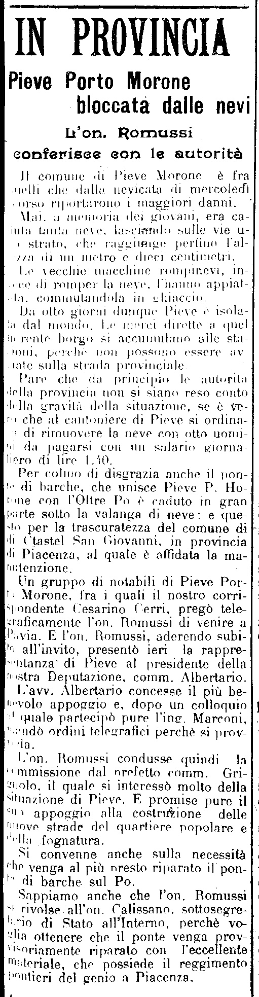 L'articolo de "La Provincia Pavese" del 10 Gennaio 1911