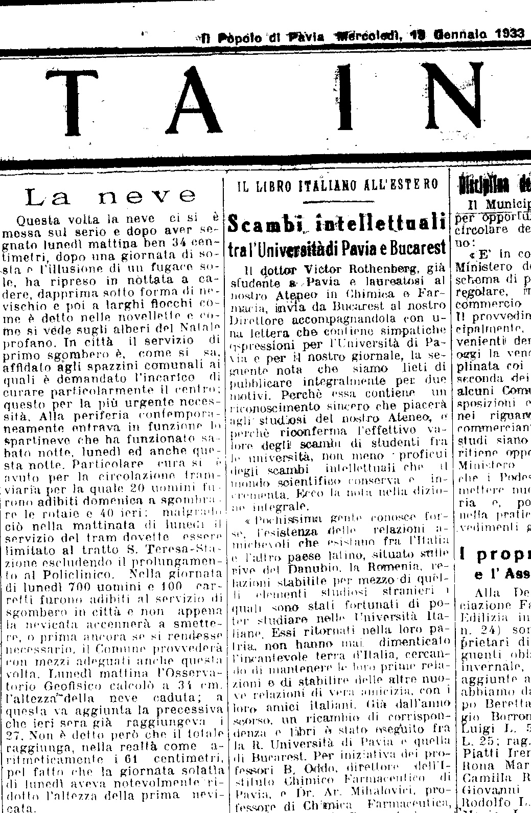 L'articolo de "La Provincia Pavese" del 18 Gennaio 1933