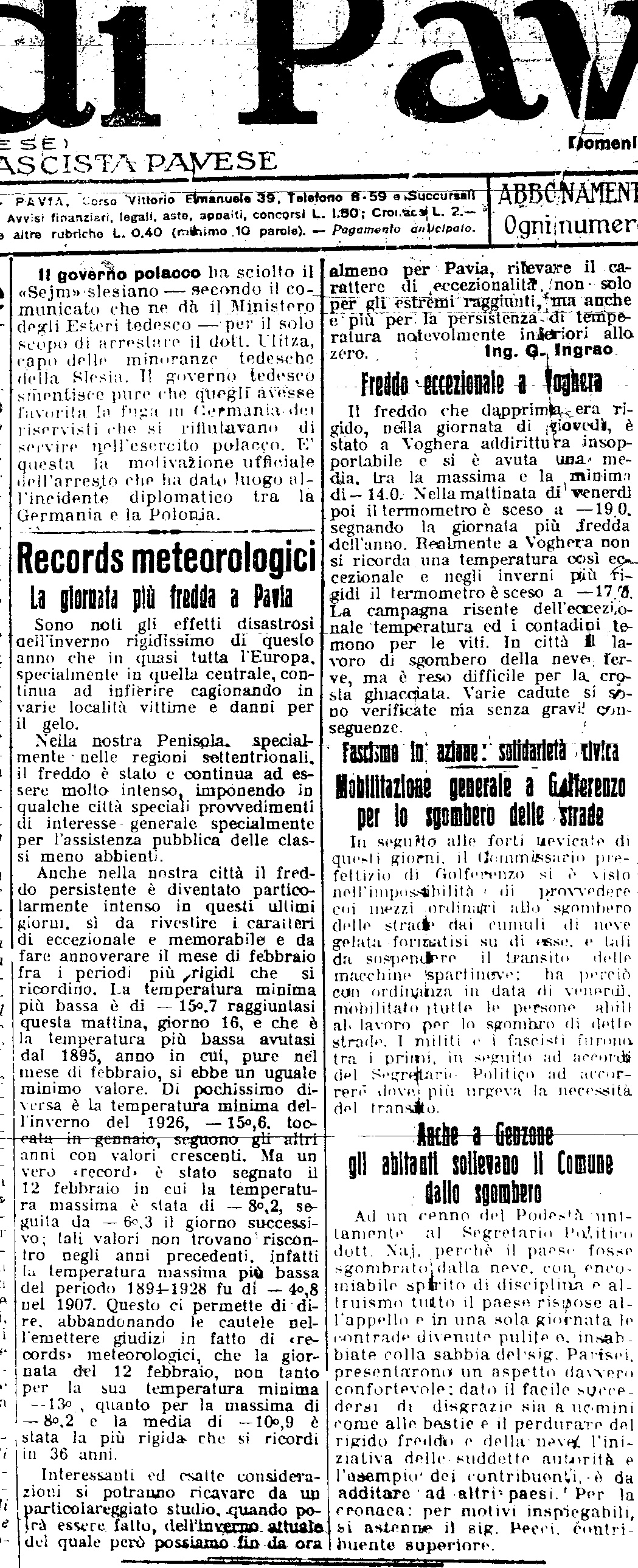 L'articolo de "La Provincia Pavese" del 17 Febbraio 1929