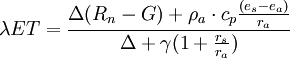 La formula dell'equazione di Penman-Monteith; calcola il flusso di Evapotraspirazione in MJ su metro quadro nelle 24 ore